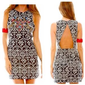 ASTR Tribal Black White Embroidered Open Back Mini Dress 100%‎ Cotton Size S